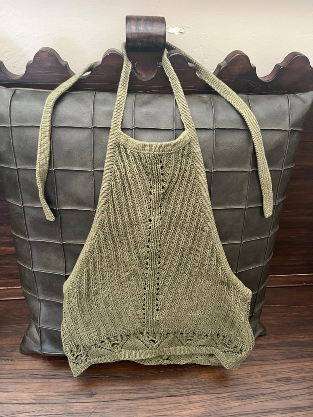 Sky and Sparrow Crochet Halter Crop Top in Olive Green